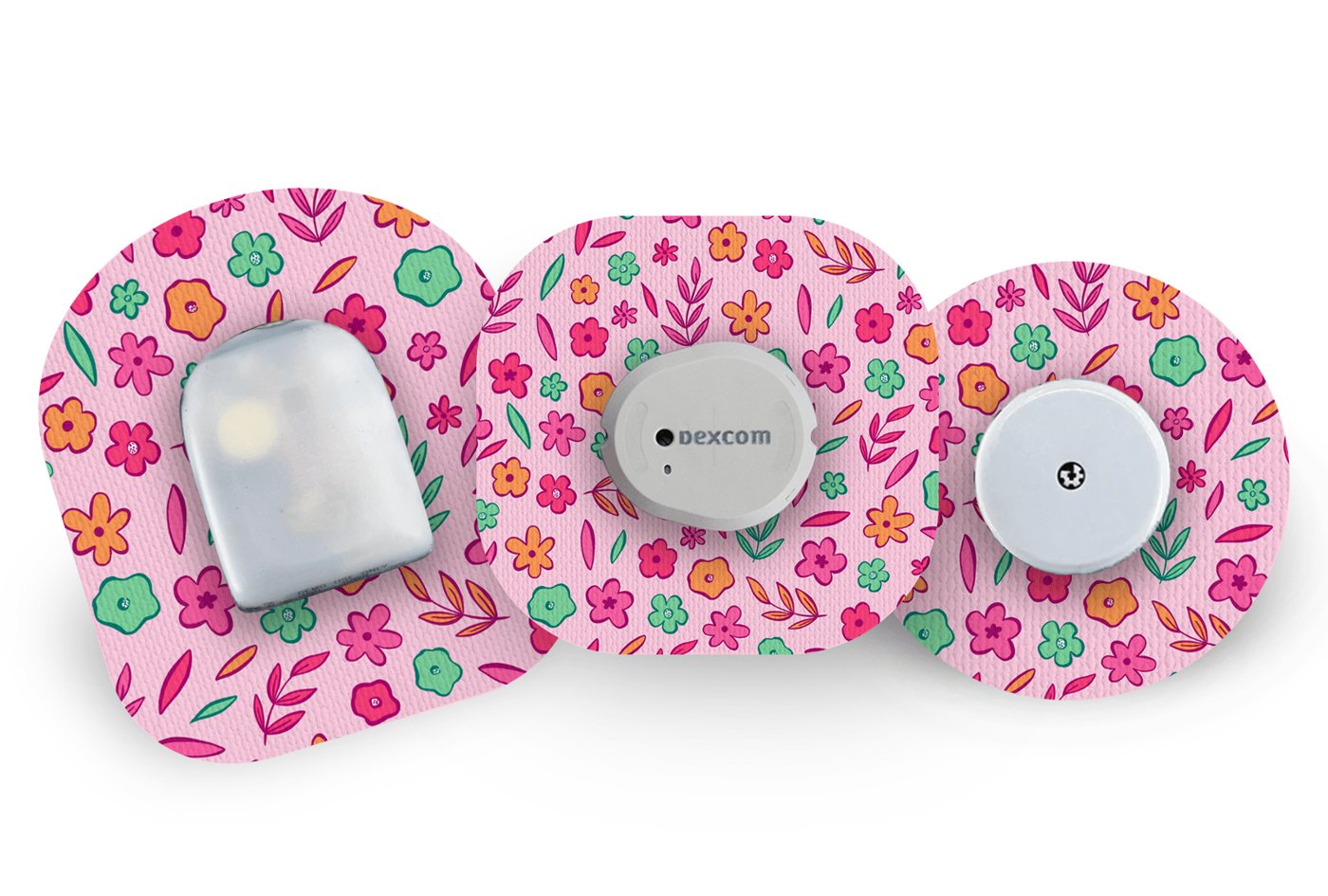 Retro květy — nálepka pro CGM senzor, zobrazeny tvary pro Dexcom, Omnipod a FreeStyle Libre