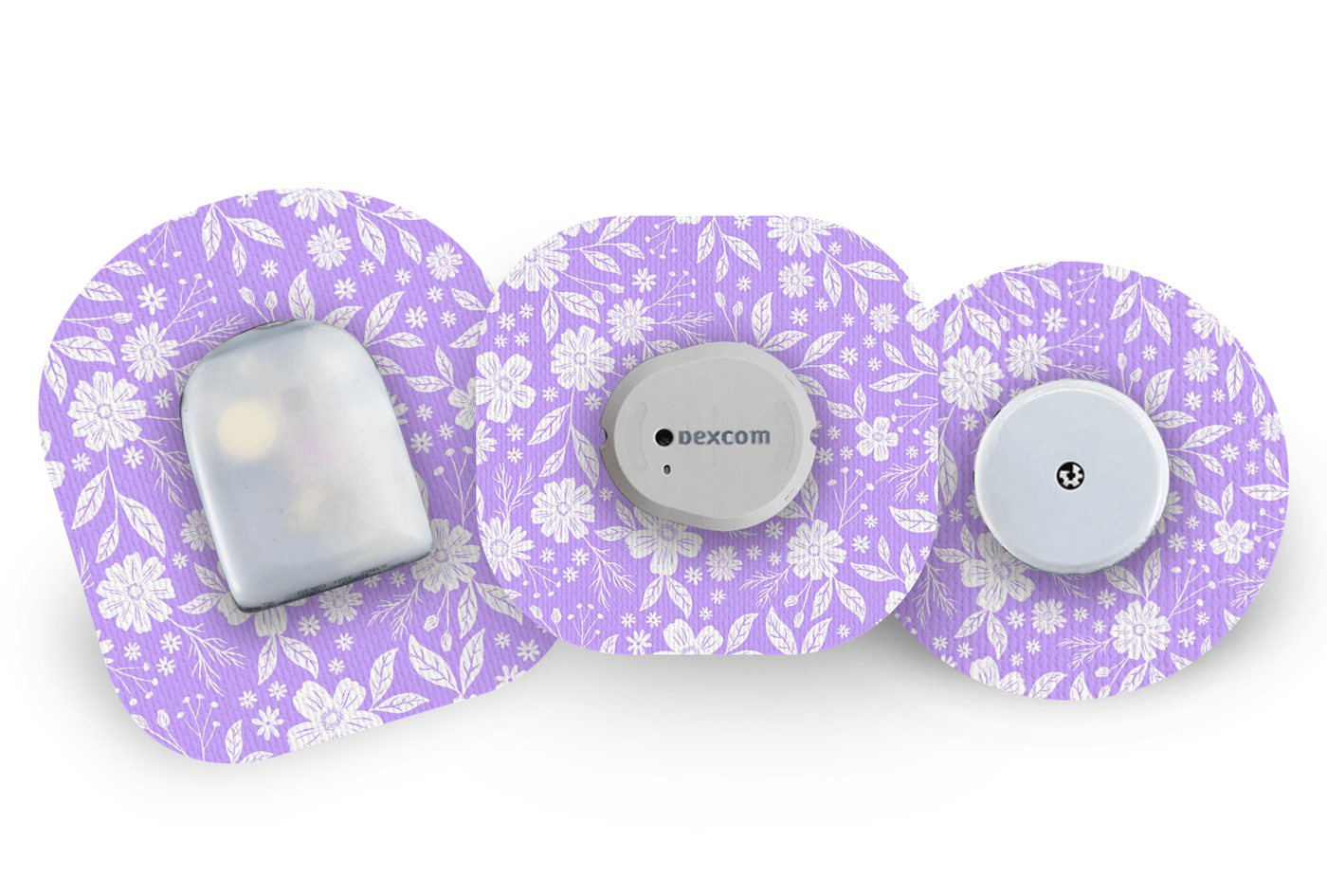 Levandulová krajka — nálepka pro CGM senzor, zobrazeny tvary pro Dexcom, Omnipod a FreeStyle Libre