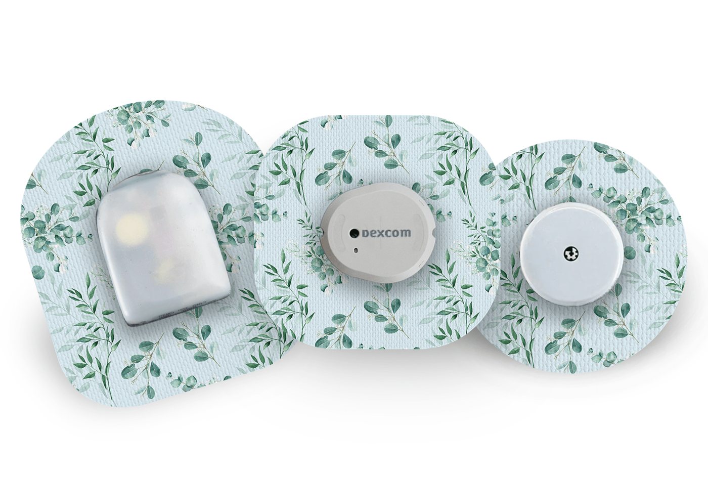 Eukalyptus — nálepka pro CGM senzor, zobrazeny tvary pro Dexcom, Omnipod a FreeStyle Libre