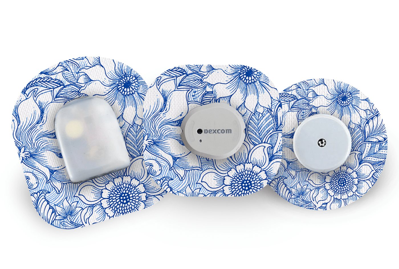 Modré růže — nálepka pro CGM senzor, zobrazeny tvary pro Dexcom, Omnipod a FreeStyle Libre